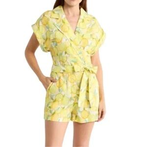 NWT Avec Les Filles Lemon Print Wrap Romper Linen Blend Belted One-Piece - Sz 10